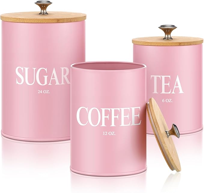 3 Pack Pink Kitchen Canister Set Metal Tea Coffee Sugar Jar Container with Bamboo Airtight Lids Food Storage Containers for Bar Counter Farmhouse Kitchen Decor 6, 12, 24 oz