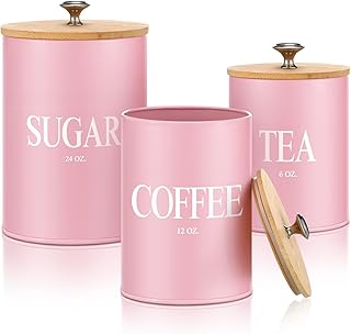 3 Pack Pink Kitchen Canister Set Metal Tea Coffee Sugar Jar Container wi...
