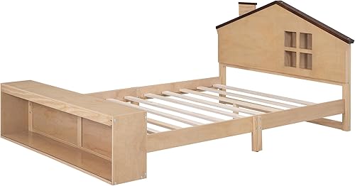 Miniatura 33 de Cama de plataforma de madera de tamaño individual con cabecera en forma de casa, soporte de listones de madera, para dormitorio de niños, niñas,