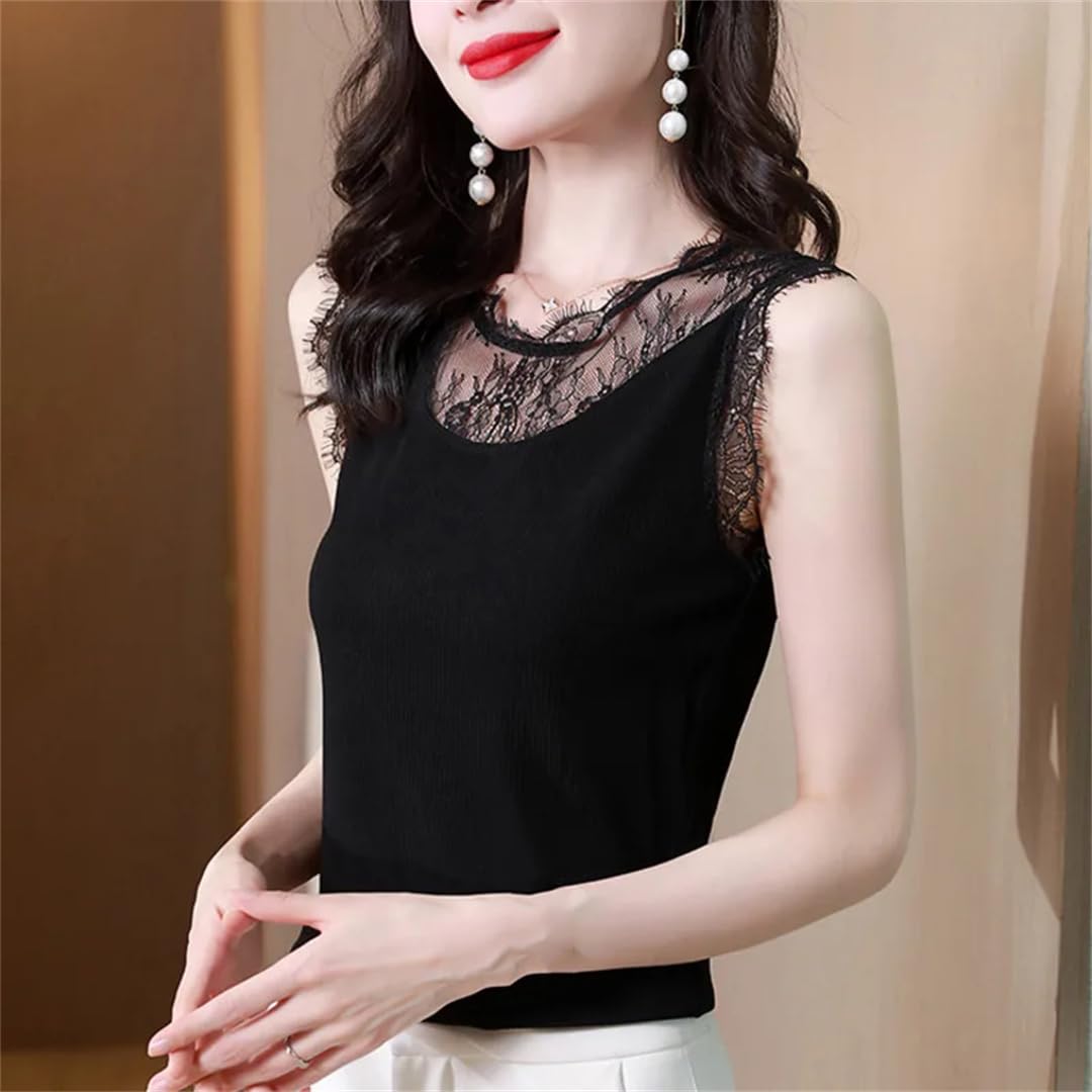 Top corto da donna estivo in pizzo con scollo a O senza maniche