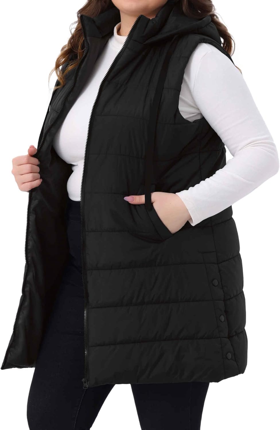 Agnes Orinda Women's Plus Size Long Puffer Vest Hooded Zip Up Sleeveless Casual Quilted Jacket with Pockets