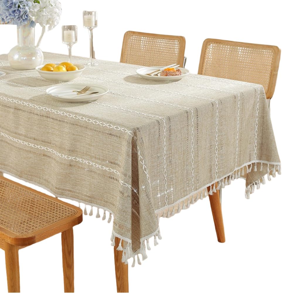 Nappe avec pompon - Nappe brodée - Imitation coton et lin - Pour cuisine, salle à manger, fête, vacances, Noël - Jaune - 100 x 160 cm