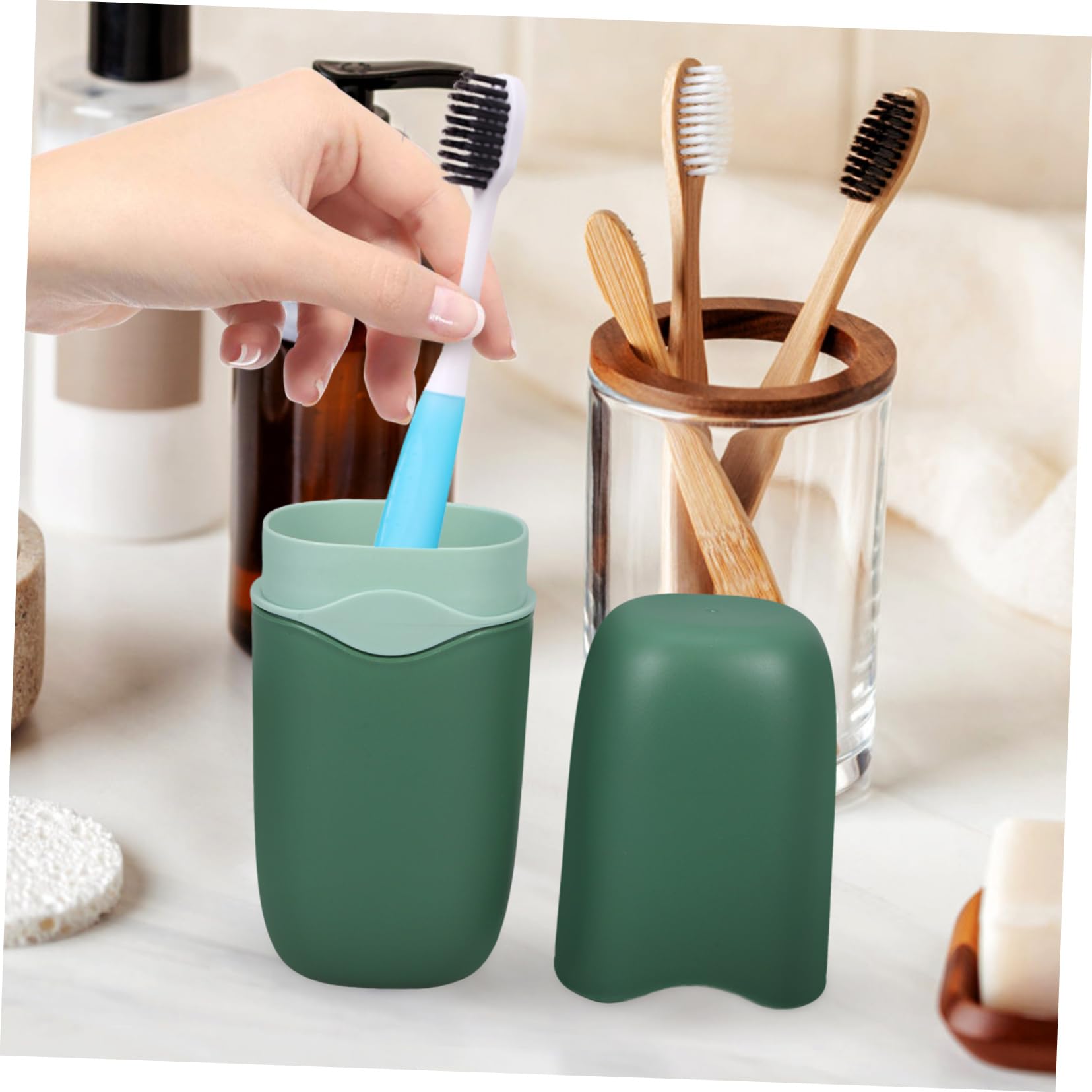FRCOLOR 4pezzi Portaspazzolino Viaggio Multifunzione Organizer Per Spazzolino e Dentifricio Design Compatto e Portatile Per Viaggi Campeggio e Uso Domestico Matcha