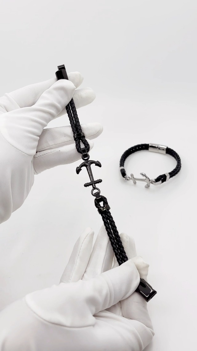 Pulsera Nautical Anchor de Cuero Trenzado Negro para Hombre miniatura 5