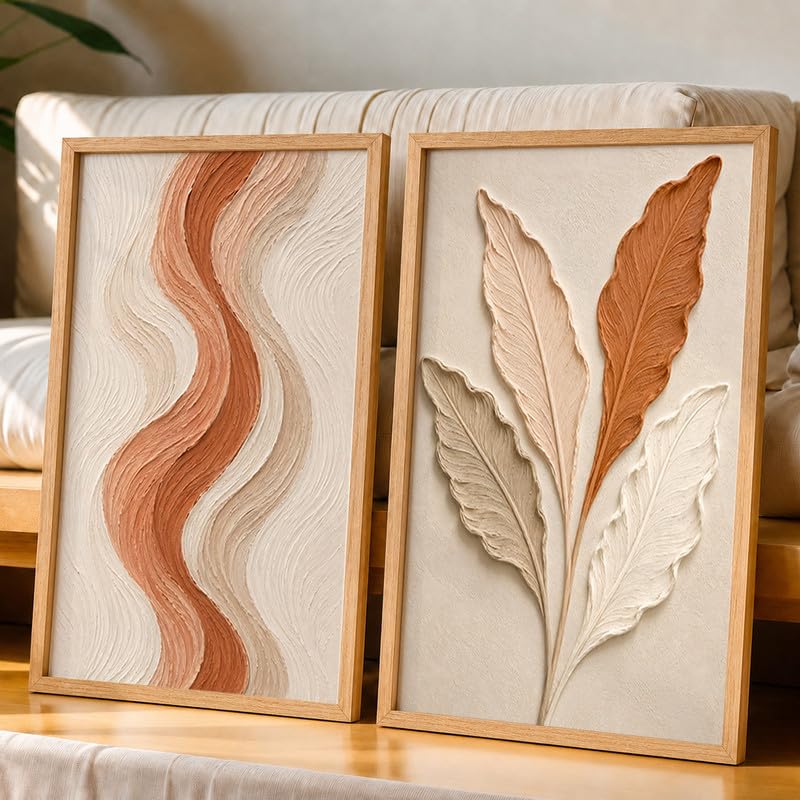 Image of NoWorries Textured Leaf Wall Painting Set of 2 with Frame | Terracotta Beige Abstract Line & Botanical Leaf Artwork, Modern Neutral Nature Wall Decor for Living Room, Bedroom, Office and Home Decoration (Art-2, 25x37inch)