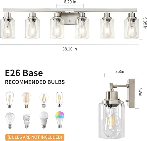 Miniatura 113 de Lámpara de tocador de baño, 4 luces, moderna lámpara de pared dorada mate con pantalla de vidrio transparente, luces de pared negras, lámparas