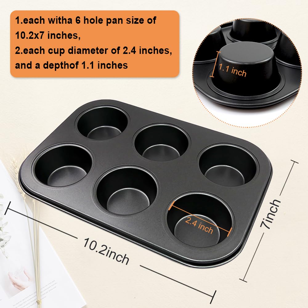 Paquete de 2 moldes de acero prémium para magdalenas, molde redondo para hornear muffins, cupcakes, brownie (negro, 6 tazas) 2
