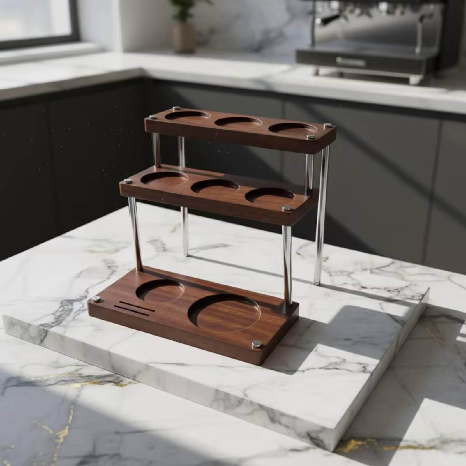 MagiDeal Stazione Portacaffè in Legno E Acciaio Inox Espositore a Tre Livelli con Alloggiamenti per Accessori Adatto per Piano Cucina E Ambiente da Caffè , 24 26 22cm , style to 1