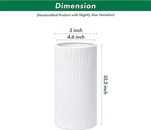 Miniatura 4 de D'vine Dev Florero cilíndrico de 10 pulgadas, florero de cerámica texturizado de cascada blanca para decoración del hogar, VS-WF-B-2
