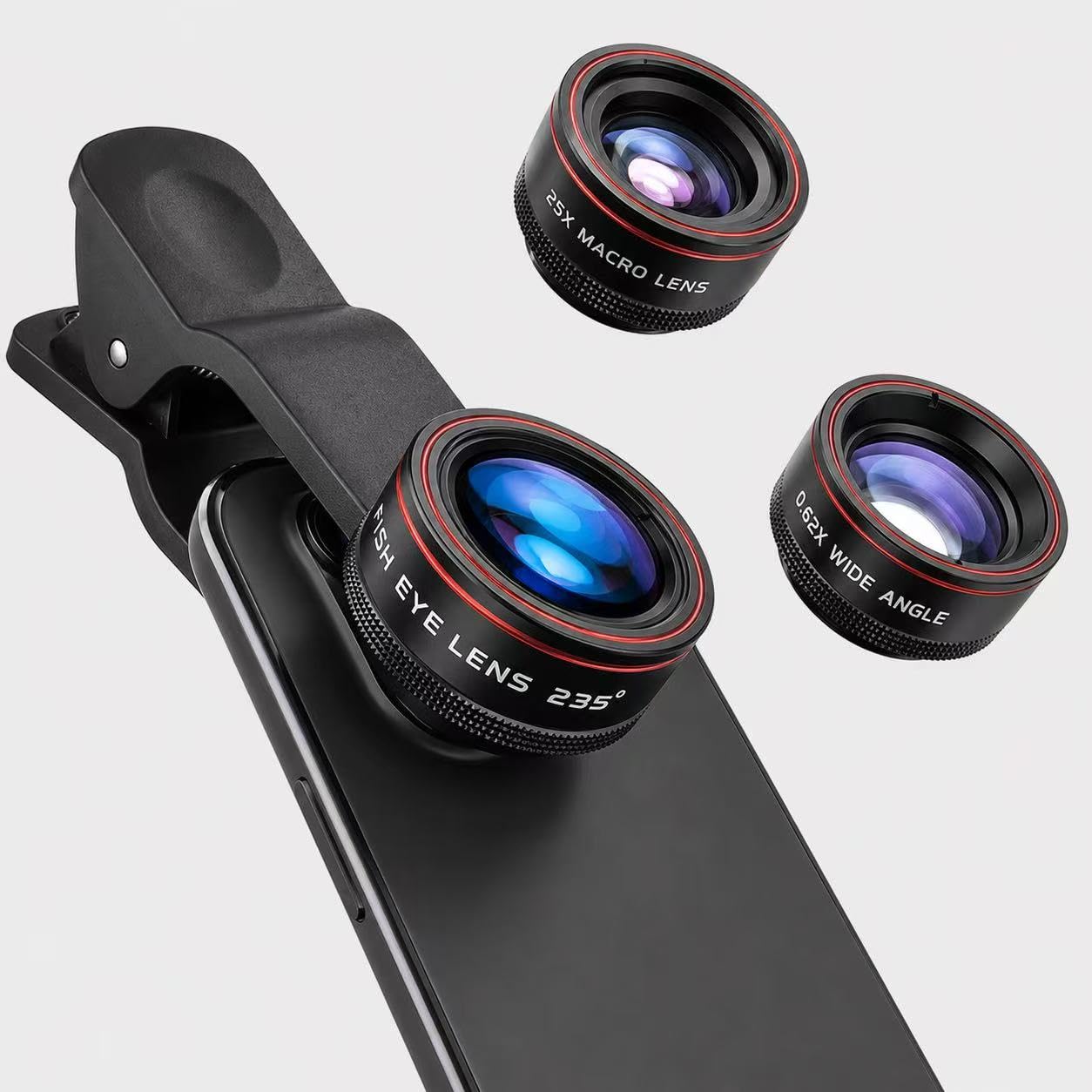 Obiettivo per fotocamera 3 in 1, obiettivo fisheye 235 + obiettivo super grandangolare 0,62x + obiettivo macro 25x per smartphone, nero