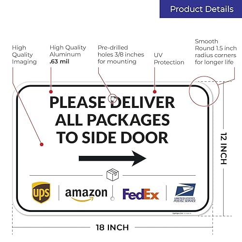 Vista 279 de Cartel de entrega del paquete, letrero de instrucciones de entrega, 10 x 7 pulgadas, aluminio 040 libre de óxido, resistente a la decoloración