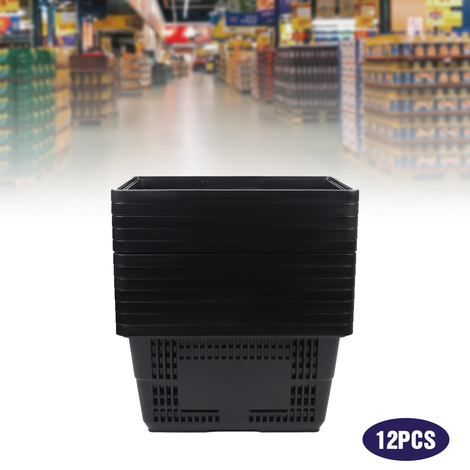12 PCS negro plástico cesta de compras para mercado tienda de comestibles tienda al por menor w/asas