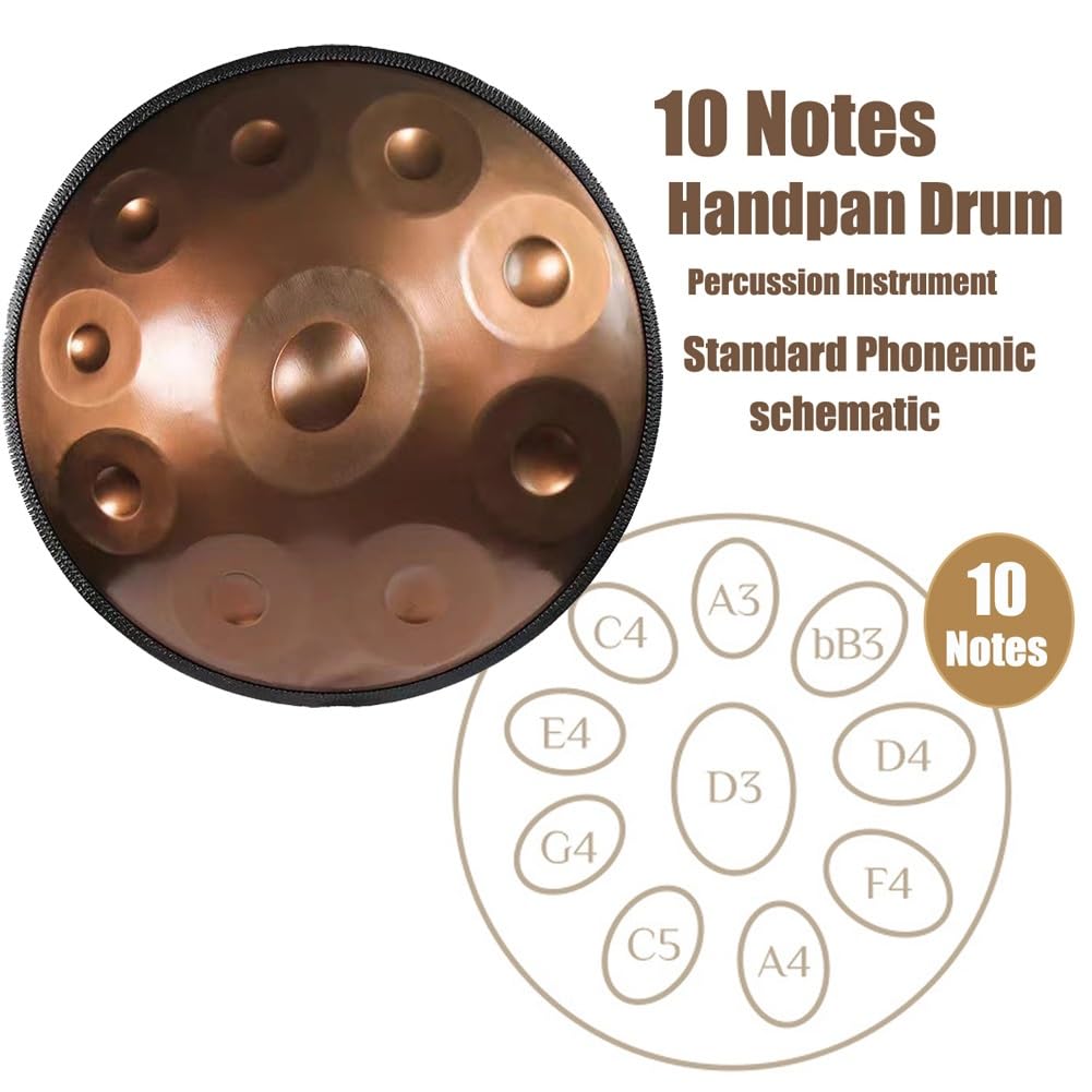 Handpan 9/10/12 Note Tamburo a Linguetta 432Hz 440 Hz, Strumento a Percussione Tonalità Re Minore, Tamburo in Acciaio per Meditazione, Yoga, Guarigione Sonora(Gold and silver,10 Notes/440Hz)