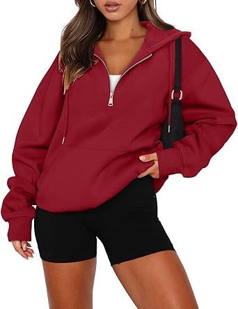 onlypuff Women Half Zipper Pullover Sweatshirt Long Sleeve Hoodies Kangaroo Pocket Fleece Basic Sweater
