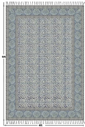 Tapis indien en coton lavable géométrique bleu gris carré