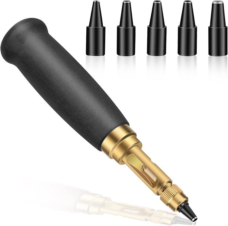 TLKKUE Herramienta perforadora automática para perforar tornillos ajustables | Herramienta de encuadernación con mango de madera negra, perforadora de cuero con 6 puntas, tamaño 1,5mm/2mm/2,5mm/3mm/3,5mm/4mm