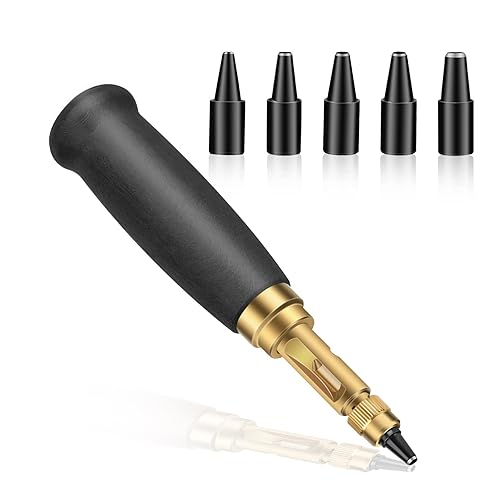 TLKKUE Perforadora de agujero de tornillo ajustable, herramienta automática con mango de madera negra, herramienta de encuadernación de cuero, con 6
