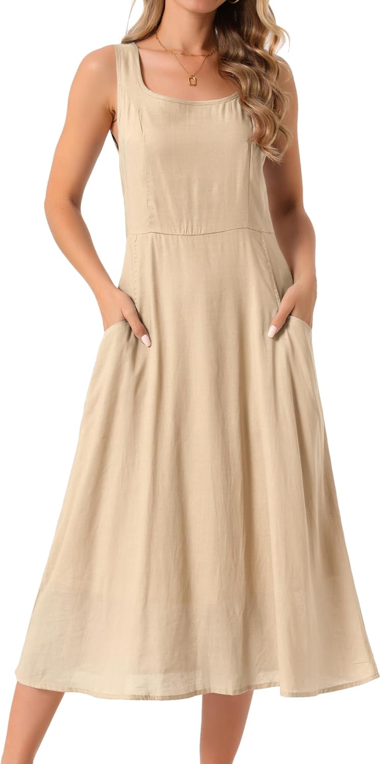 Seta T Women's Linen Dresses Summer Sleeveless Sundress Casual Loose Flowy Midi Tank Beach Dress
