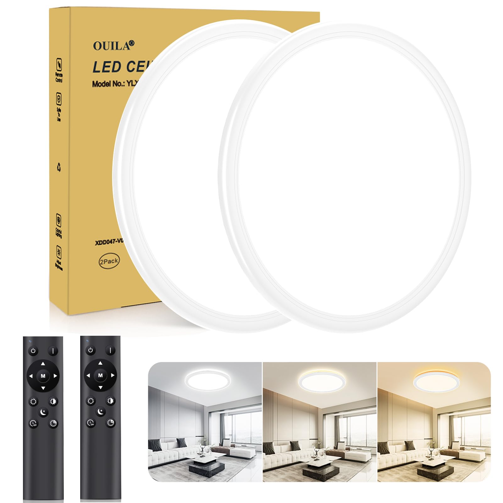 OUILA 24W Plafoniera Dimmerabile, 3000K-6500K Plafoniera LED Soffitto Ø30cm Dimmerabile Lampadario con Telecomando 2400LM Plafoniere per Soggiorno Camera da Letto Cucina Bagno Balcone (2 Pezzi)