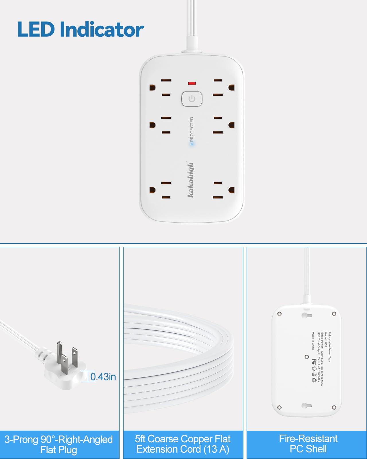 Flaches Verlängerungskabel mit Steckdosenabdeckung & Multi USB - 25 Fuß 1625W 3 Zinken mit 12AC 6 USB Steckdose (24W/4.8A), Multi-Port-Ladestation für Möbel hinter Wand, Sofa, TV