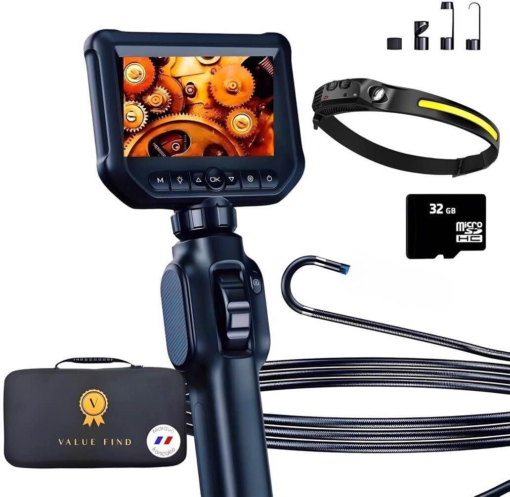 Valuefind Camara endoscopica Profesional Cabezal orientable a 360º endoscopio para inspeccion de tuberias/canalisacion mecanicos/fontaneros Cable de 1 m autofocus + lampara Frontal Manos Libres