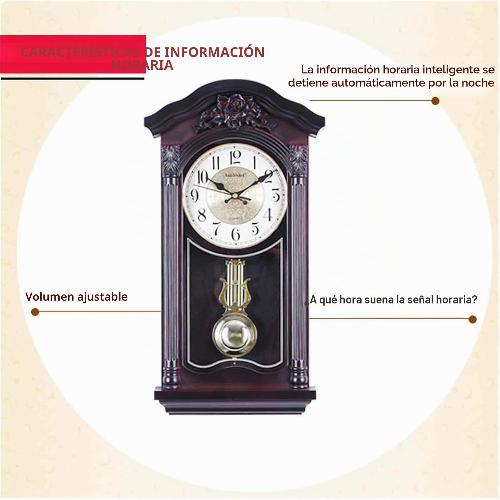 Reloj de Pared con péndulo y campanadas, Relojes de Pared Europeos Vintage con péndulo oscilante, Funcionamiento silencioso a Pilas, Ideal para salón, repisa de Chimenea y estanterías.(Red)