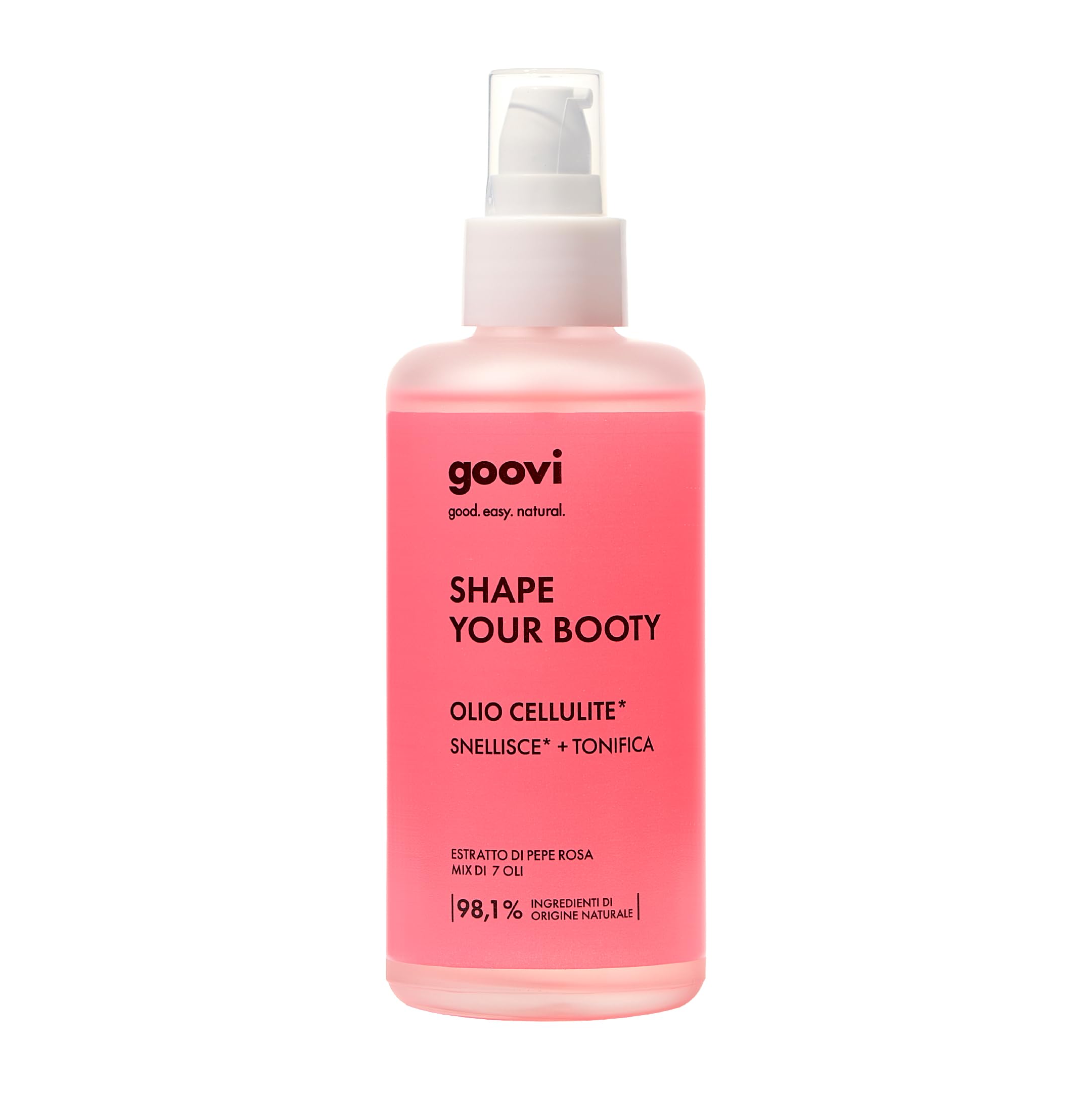 Goovi, Shape Your Booty, Olio Cellulite Snellente e Tonificante a Base di Estratto di Pepe Rosa e un Mix di 7 Oli Preziosi, Nutre e Rende la Pelle Elastica, Previene le Smagliature, 150 ml