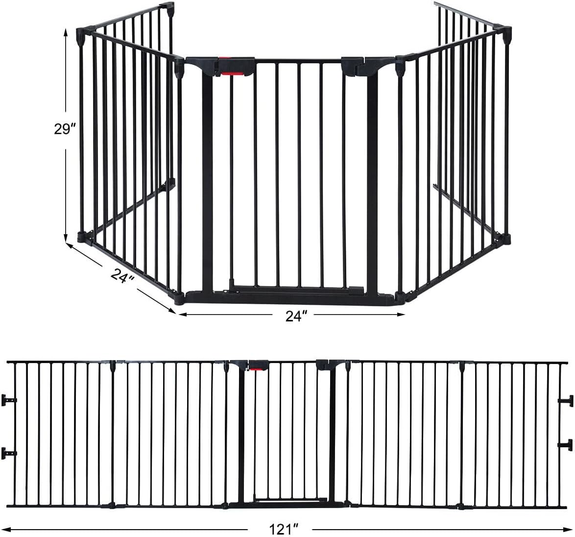 PETSITE 121" Extra Wide Pet Gate & Playpen, Folding Dog Fence with Walk-Through Door for House, Stairs, Fireplace, Black