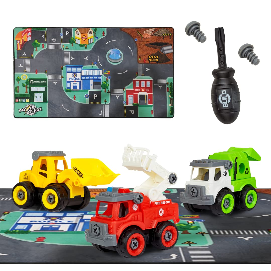 Flybar Power Gearz Kids Carpet Playmat Rug – Play Mat & Toy Trucks 3Pack Bundle with Automatic LED Traffic Lights, Car Rugs for Kids, Play for
