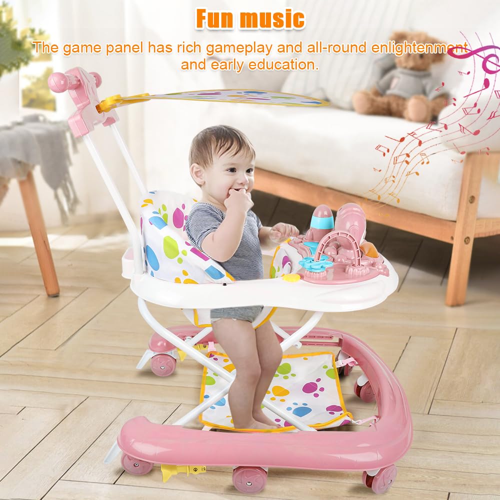 Trotteur Bébé Garçon&Fille 2en 1 avec Hauteur Réglable, Trotteur Marche Bébé avec Musique,8 roues, musique, auvent,62 * 68 * 36-81cm - Rose