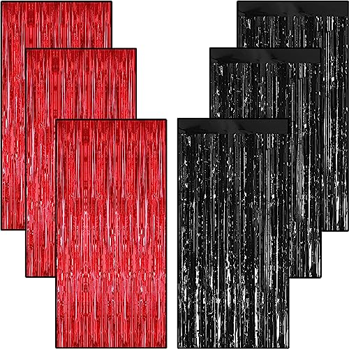 Image of TOYXE 6 Pieces Foil Fringe Tinsel Party Curtains for Photo Backdrop (BLACK-RED) | Fringe Curtains for Decoration | Foil Curtains for Birthday Decoration, Anniversary, Bachelorette, Valentines Day