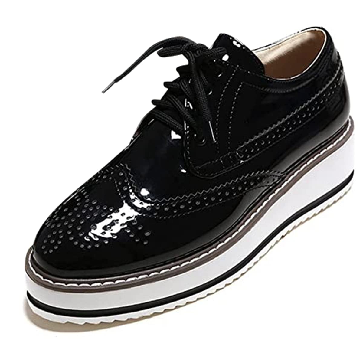 ClassicSter Womens Platform Lace Up Patent Leather Wingtips Round Toe Casual Oxford Shoes Brogues