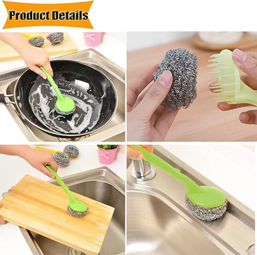 Miniatura 2 de 18 esponjas de acero inoxidable para limpiar utensilios de cocina con mango (paquete de 18)