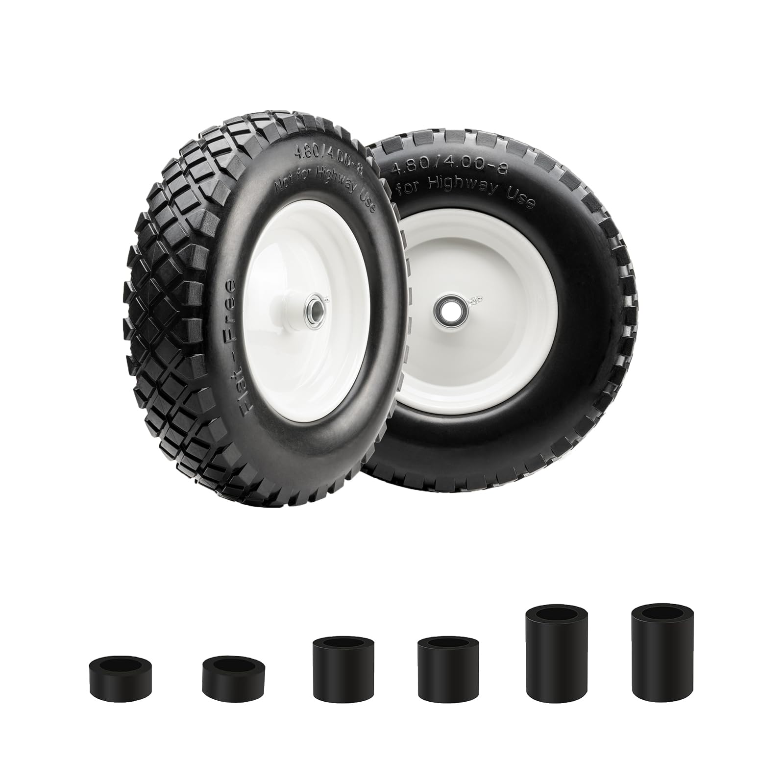 16" Flat Free PU 4.80/4.00-8" Solid Tire with 3/4" Ball Bearing and 3"-8" Center Hub, Universal Hand Truck Flat Free Trailer Wheelbarrow Tire for Hand Truck/Tool Cart/Garden Cart, 2 Pcs White