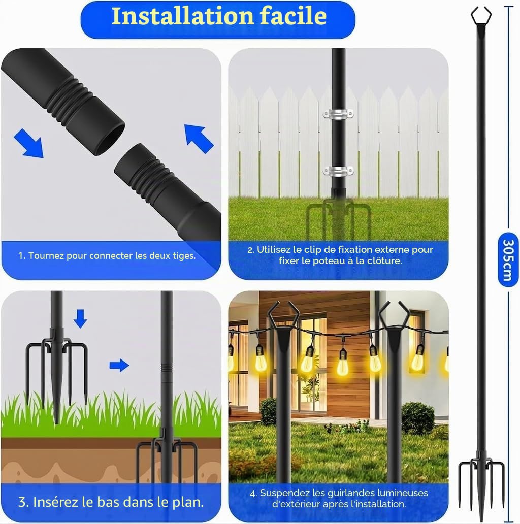 Lot de 4 barres lumineuses en métal de 2,99 m avec fourche, pour extérieur, poteaux, poteaux, stands pour extérieur, patio, terrasse, jardin, mariage, fête (4 pièces)