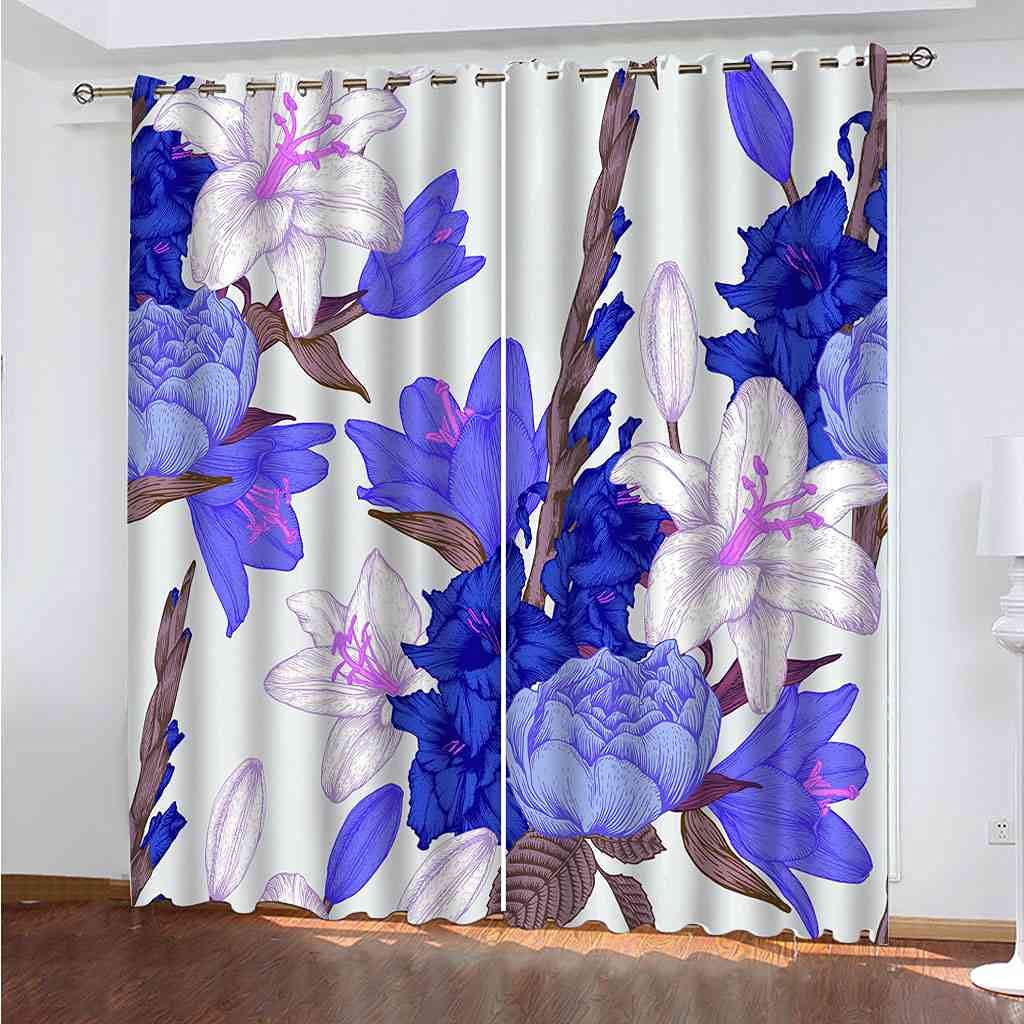 Rideau occultant thermique tissu lourd GXLOGAA 200x214 cm fleurs bleues à oeillets