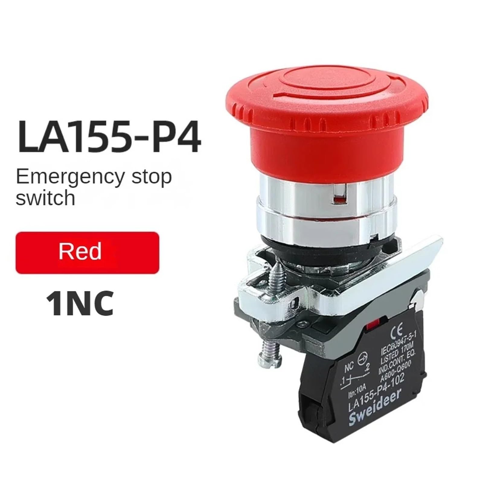 22 mm Pilz-Not-Aus-Schalter, 10 A, XB4-Taste, Not-Aus-Druckschalter, 1 Öffner, 1 Schließer, Startschalter, Rot, Grün(Emergency stop 1NC)