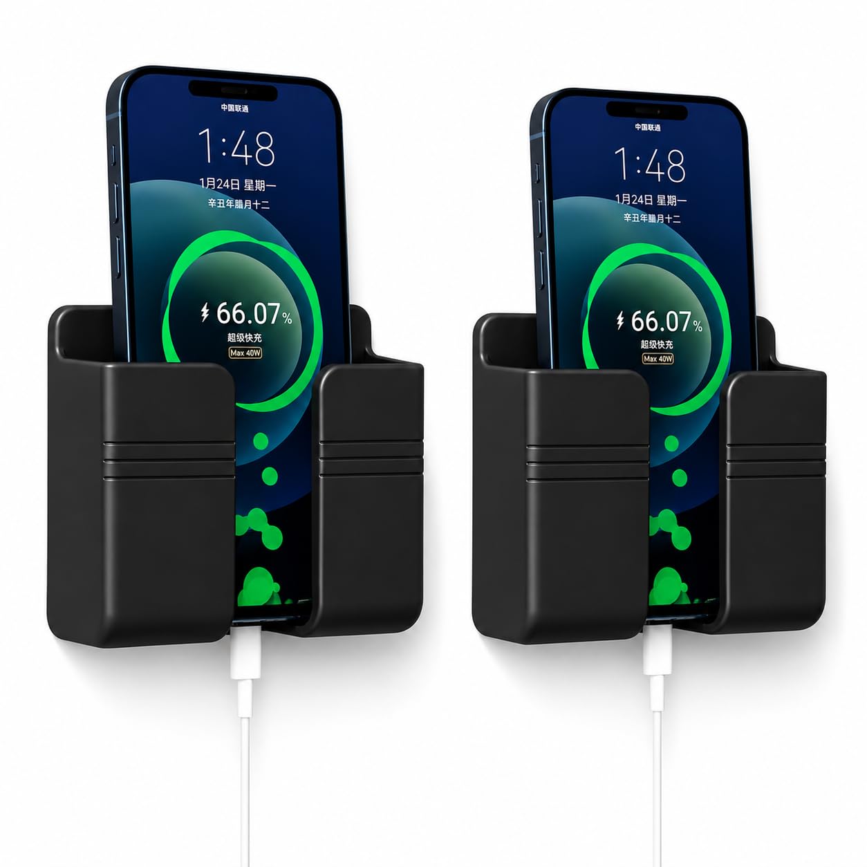 wall mounted mobile holder storage case for remote (black, pack of 2) | self adhesive phone stand with charging cable hole, wall organizer for mobile & tv remote
