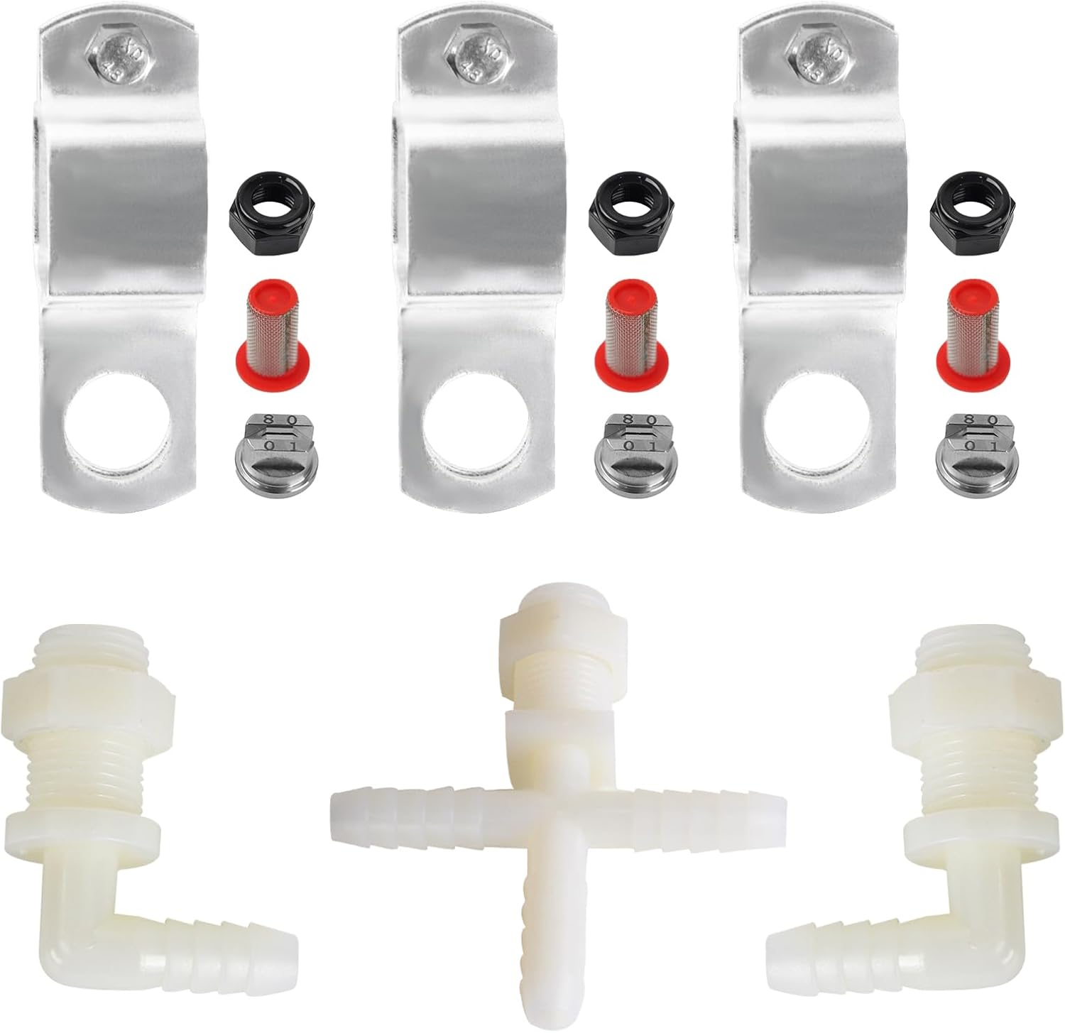 Spray Boom Repair Kit, Sprayer Parts Including 8001-VS Tips Screens Clamps, 3/8" Nozzle Body (Elbows and Cross), Nozzle Body Nuts and Caps, 50 Mesh Tip Screens and Boom Clamps 1" Square