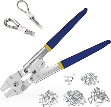 Sanuke Wire Rope Crimping Swaging Tool Cable Crimps up to 2.0mm5/64inch with 160pcs 4sizes Aluminum Double Barrel Ferrule Loop Sleeve and 10pcs Stainless Steel Thimble Assortment Kit