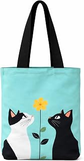 THE SACK CO. Cat and Flower Illustration Handbag, Teal Background, Black and White Cat Design Price In India