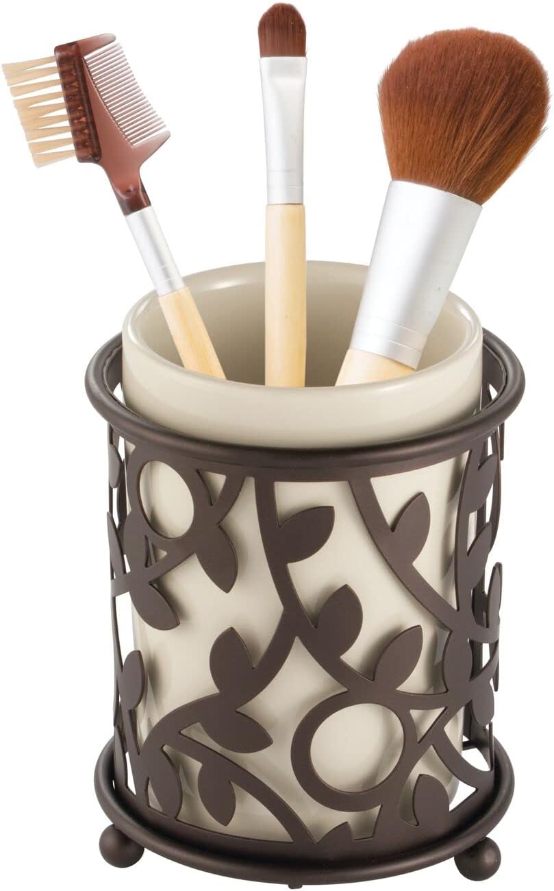 mDesign Decorative Ceramic Bathroom Vanity Countertop Accessory Set - Includes Refillable Soap Dispenser, Divided Toothbrush Stand, Tumbler Rinsing Cup - Metal Vine Accents, 3 Pieces - Vanilla/Bronze