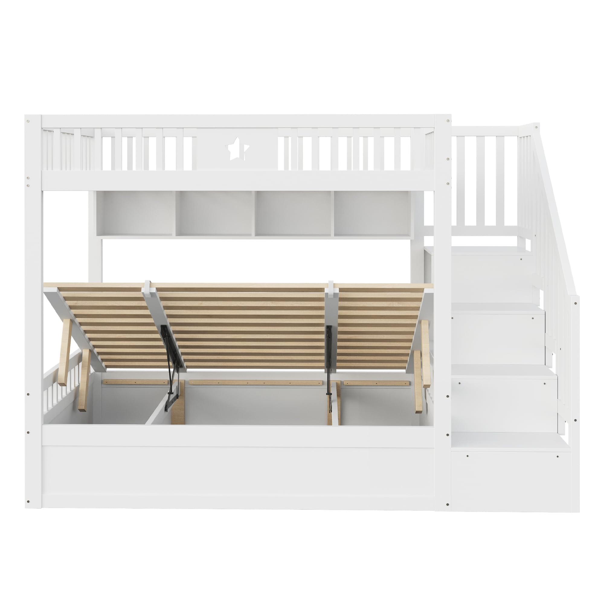 Merax Etagenbett 140x200 cm, Jugendbett mit hydraulischem Unterbett, Stauraumtreppe, Regale, Massivholz Kinderbett, Weiß (ohne Matratze)