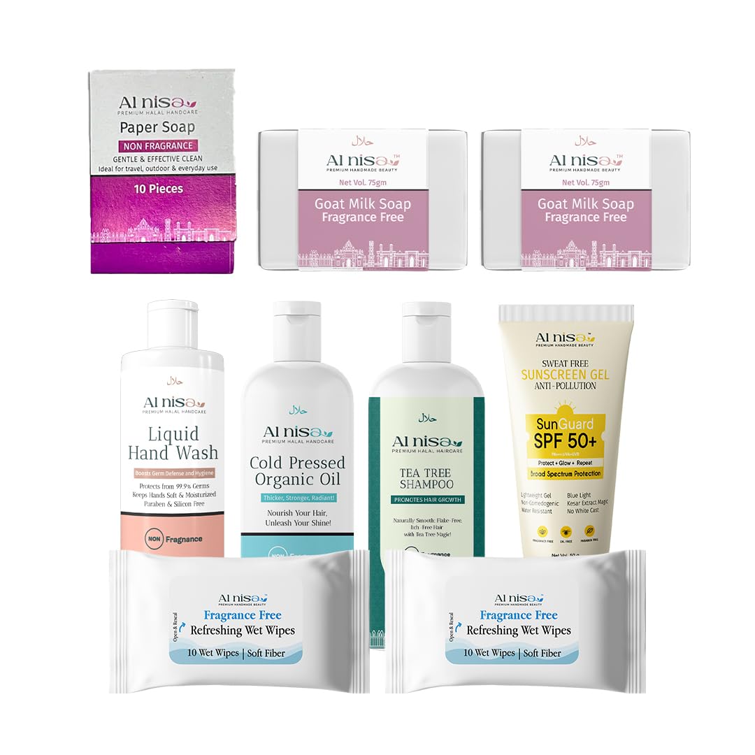 AL NISA Hajj/Umrah Kit – Fragrance Free Olive Cream, Hand Wash, Goat Milk Soap (Set of 2), Hair Oil, Sunscreen Gel SPF 50, Herbal Shampoo-image-5