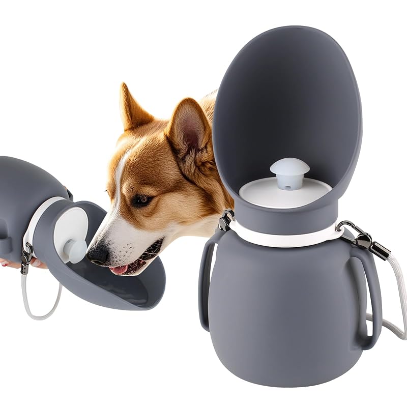 Garrafa de Água para Cães com Bebedouro Dobrável, 800 mL, Billionchains, Cinza