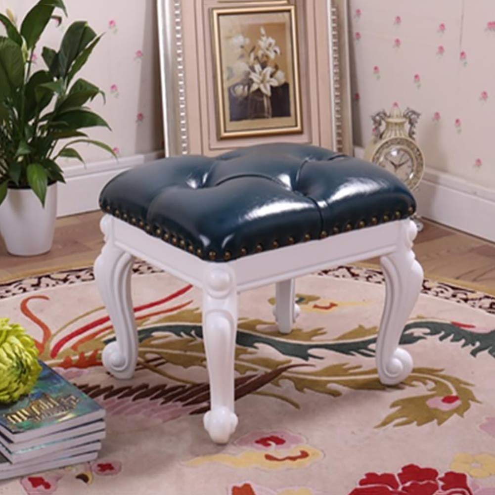 Podnóżek otomana vintage design, luksusowa, zapinana na guziki skóra PU z drewnianymi rzeźbionymi nogami, tapicerowany mały podnóżek do salonu lub sypialni