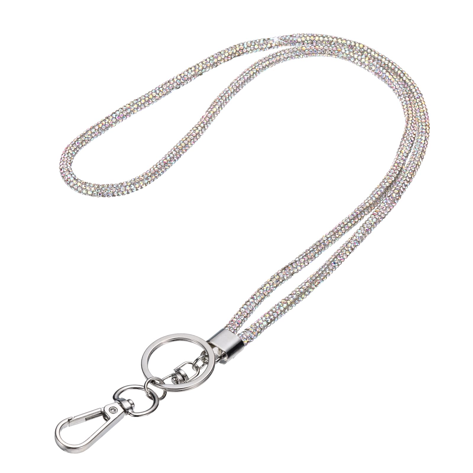 PATIKIL Bling Lanyard, 8"/21cm Rhinestone Crystal Lanyard Chain Diamond Wrist Strap Keychain with Metal Clasp & Keyring for Office ID Card Badge Keys Women, Iridescent