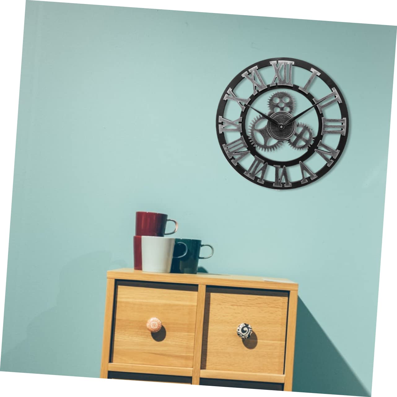 Cabilock Reloj de Pared Industrial Creativo de Metal y Madera Plata | Fácil de Instalar y Retirar, para Dormitorio y Salón, Estilo Moderno y Decorativo