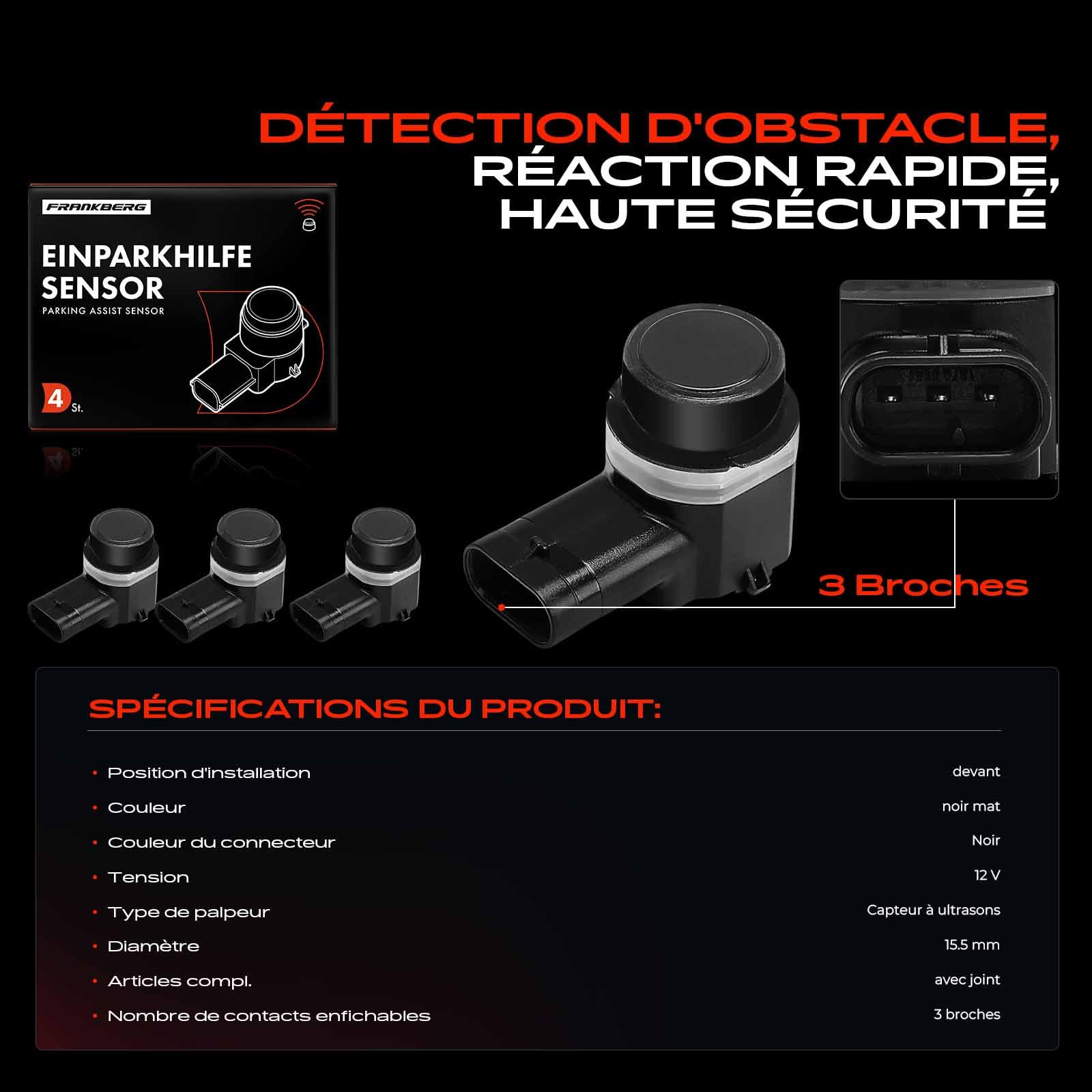 Frankberg 4x Capteur de stationnement PDC Vorne Compatible avec A3 8P1 1.2L 2003-2012 T.i.g.u.a.n 5N 1.4L 2007-2018 Toura.n 1T1 1T2 1.4L 2003-2010 Toura.n 1T3 1.2L 2010-2015 Remplacer# 1T0919275A