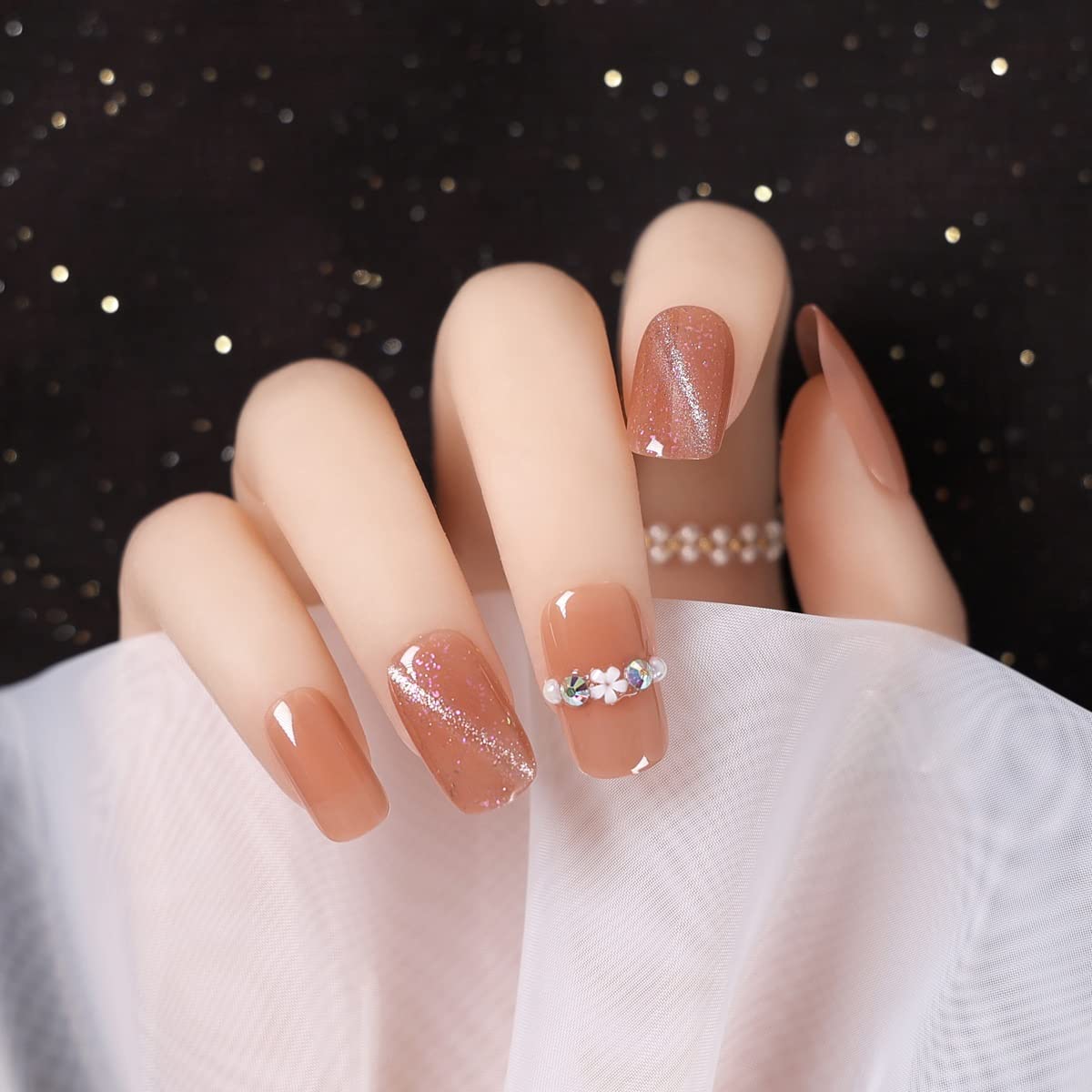 False Nails Glitter with Diamond Short Fake Set Press Acrylic with Glue Detachab